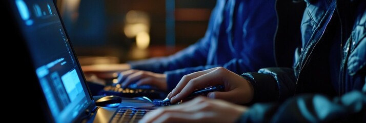 Close-up of two people's hands using a laptop and keyboard at night.