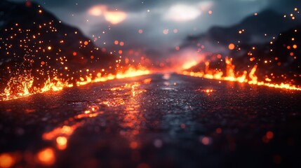 Wall Mural - Fiery road through dark, mountainous landscape at night.