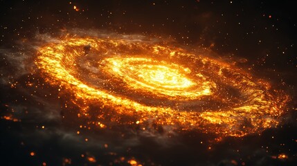 Wall Mural - Fiery spiral galaxy, glowing intensely with orange and yellow hues, embedded in dark space