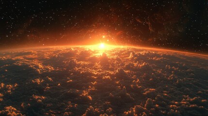 Wall Mural - Fiery sunrise over Earth's cloud layer from space
