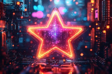 Wall Mural - illuminated futuristic star with vibrant neon and digital city backdrop