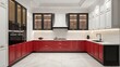 © Muhammad - Modern Luxurious Kitchen Design with Red Cabinets Black Marble Accents and Gold Fixtures