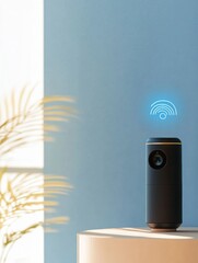 Poster - Smart speaker interacts with family members in a bright, modern living room space