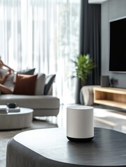 Poster - Smart assistant engages with household in contemporary living room setting during daytime