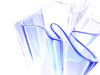 Abstract 3d background wallpaper with glass liquid transparent ribbon render. Chromatic fold wave line flower shape with purple pink blue holographic gradient texture, tech banner