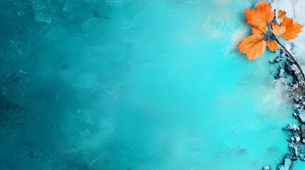 Poster - Blue background with a leaf on it. The leaf is orange and is on top of a rock