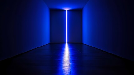Poster - Dimly lit room with a long blue line running down the center. The room is empty and the blue line is glowing brightly, creating a sense of calm and serenity