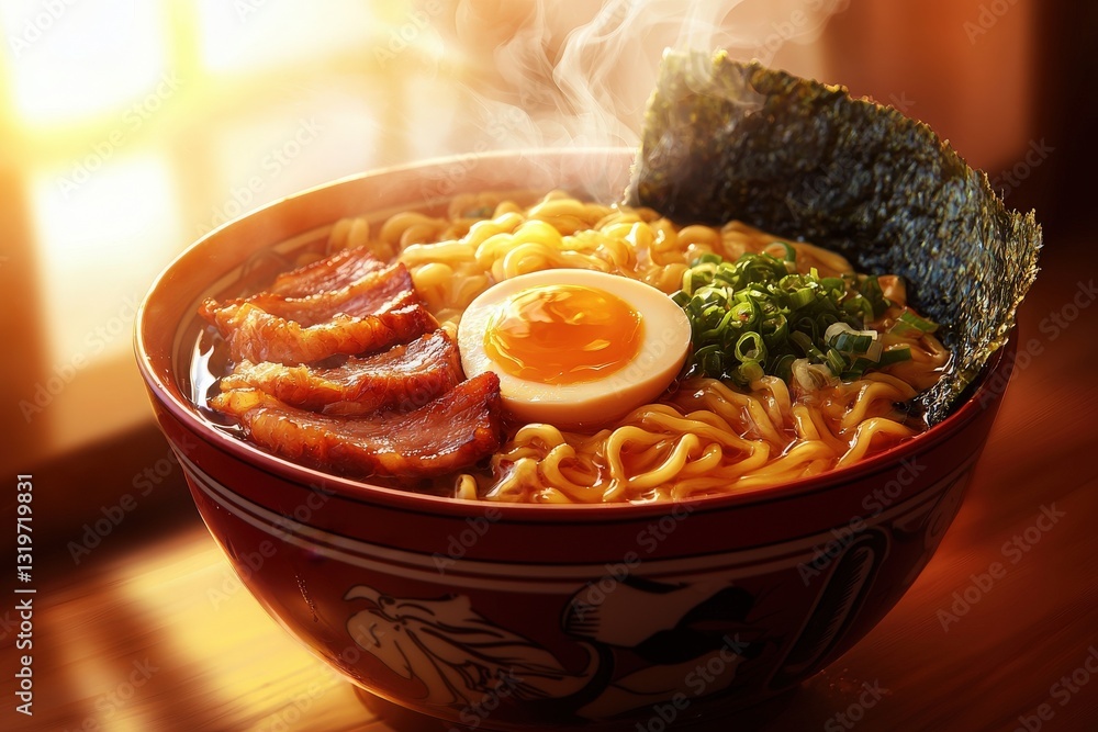 A steaming bowl of ramen sits on a wooden table, filled with curly noodles and topped with slices of tender pork, a soft-boiled egg, green onions, and nori.