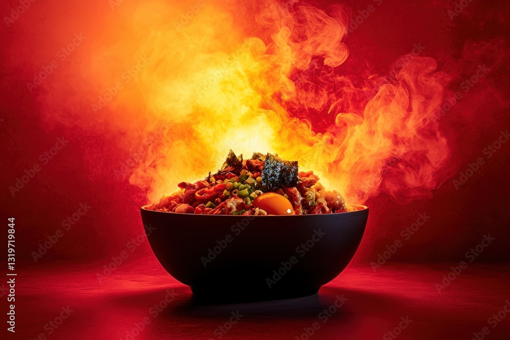 A bowl of spicy noodles bursts with vibrant flames and steam, creating an eye-catching display against a red backdrop. The dish features colorful vegetables and rich sauces, exuding heat.