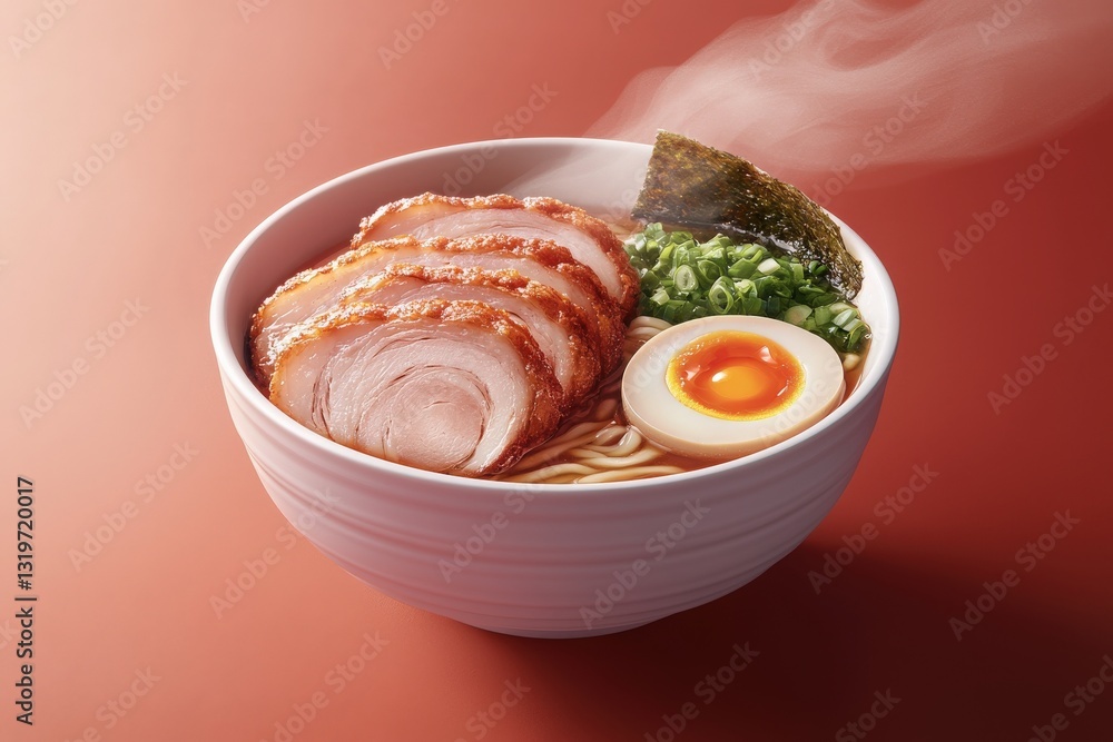 A steaming bowl of ramen features tender slices of pork, a soft-boiled egg, fresh green onions, and a piece of seaweed. The presentation highlights the rich colors and textures of the dish.