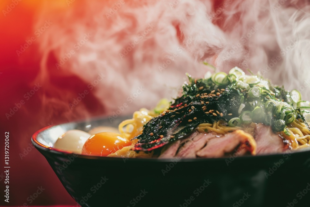 A steaming bowl of ramen sits on a table, topped with sliced meat, green onions, and nori. The rich broth and warm steam create an inviting atmosphere, perfect for enjoying a hearty meal.