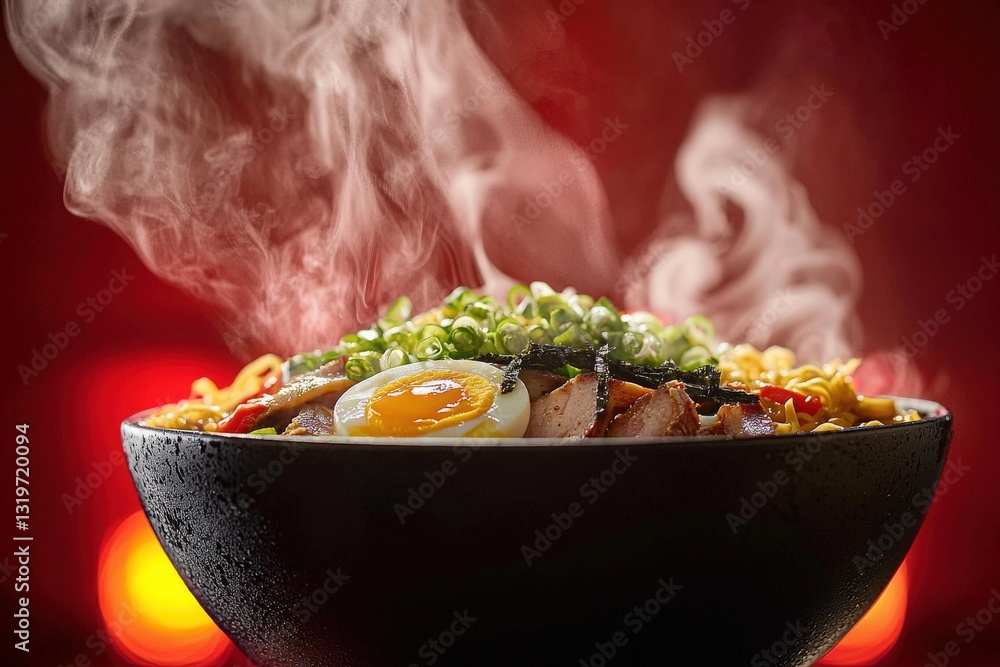 A rich bowl of ramen featuring tender noodles, slices of meat, a soft-boiled egg, and topped with fresh green onions. The warm colors create an inviting atmosphere, enhancing the culinary delight.