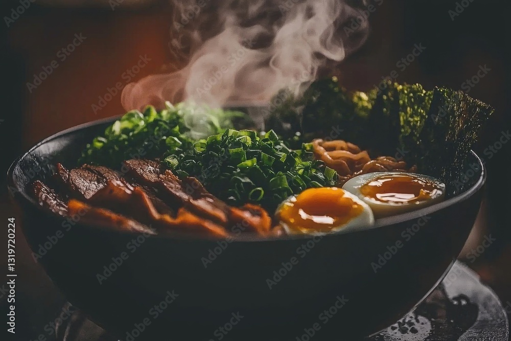 A steaming bowl of ramen features tender slices of meat, marinated eggs, fresh green onions, and seaweed, creating an enticing meal filled with rich flavors and aromas, perfect for dining.