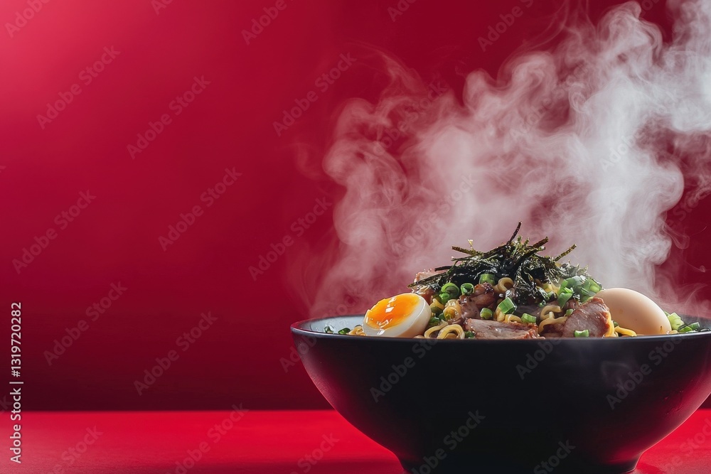 A vibrant and appetizing bowl of ramen features soft boiled eggs, sliced meat, and garnished with green onions and seaweed. Steam rises in a warm atmosphere created by the red background.