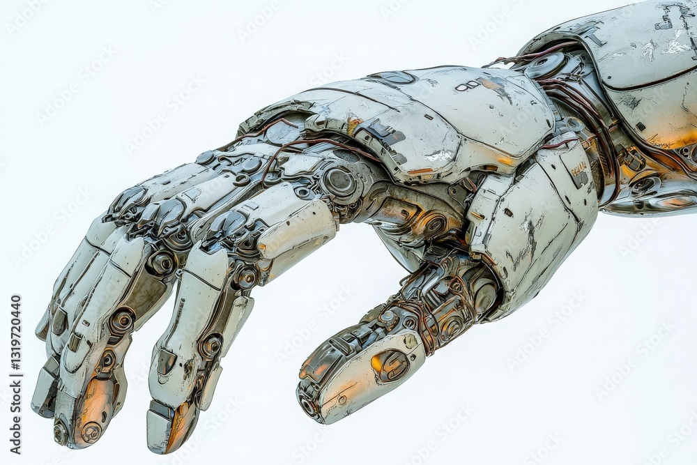A close-up view of an advanced robotic hand displays its intricate mechanical components and metallic finish.