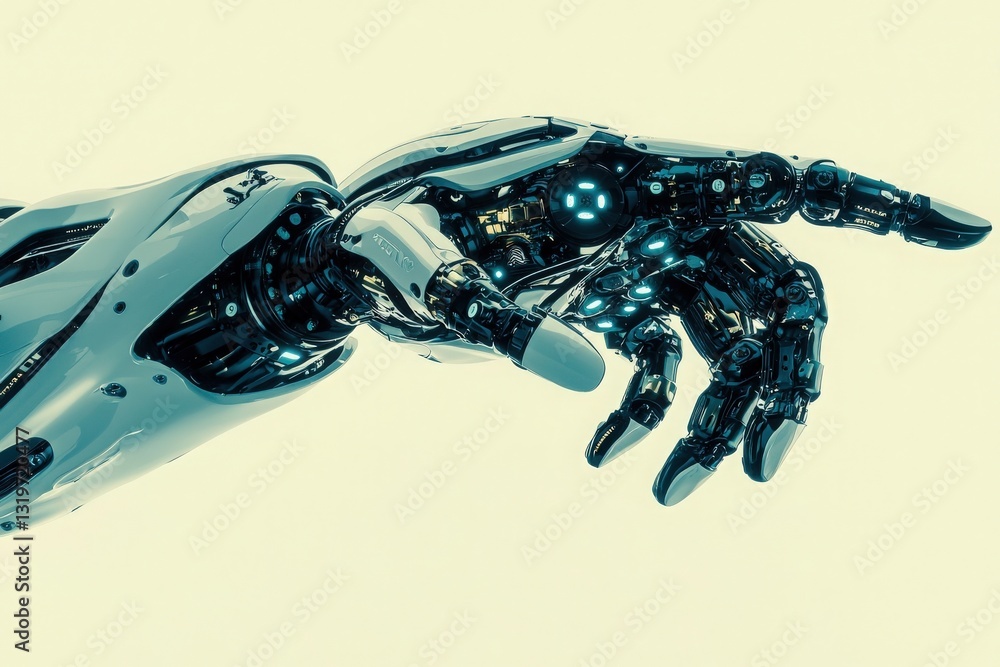 A futuristic robotic hand extends outward, showcasing complex mechanical structures, glowing elements, and a sleek design. The background is light, emphasizing the technology and craftsmanship.