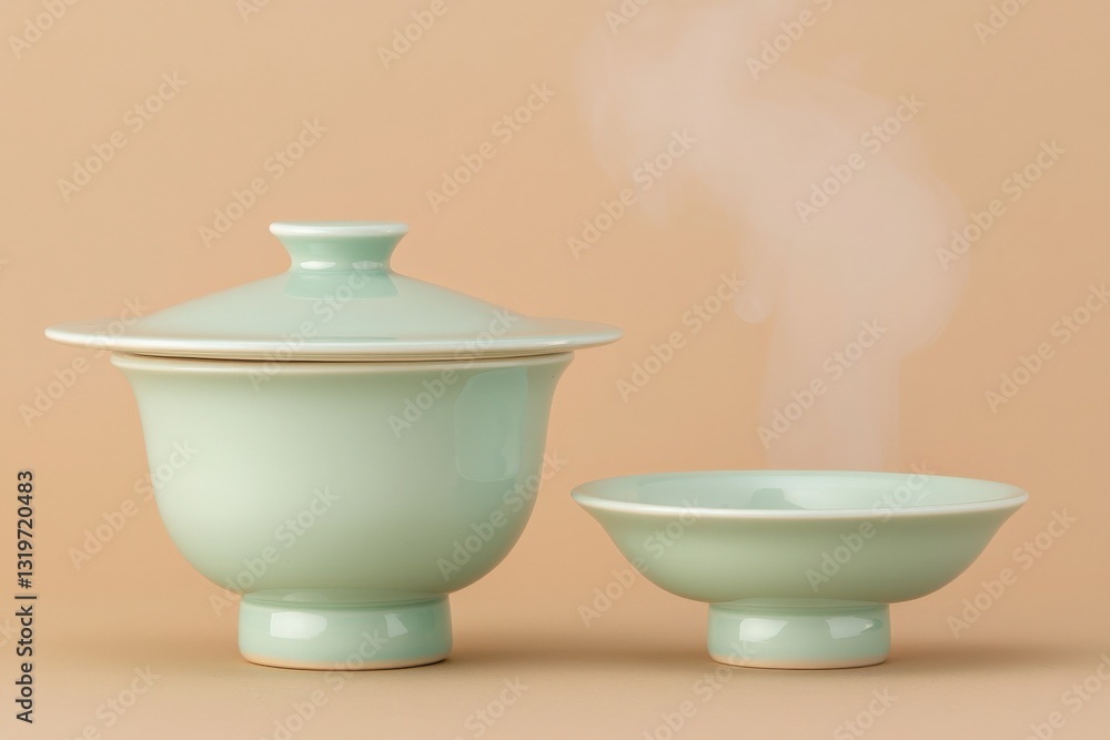 Two artisanal green ceramic bowls rest on a soft peach background. One is lidded with a smooth finish, while the other emits wisps of steam, hinting at warmth or freshly served food.