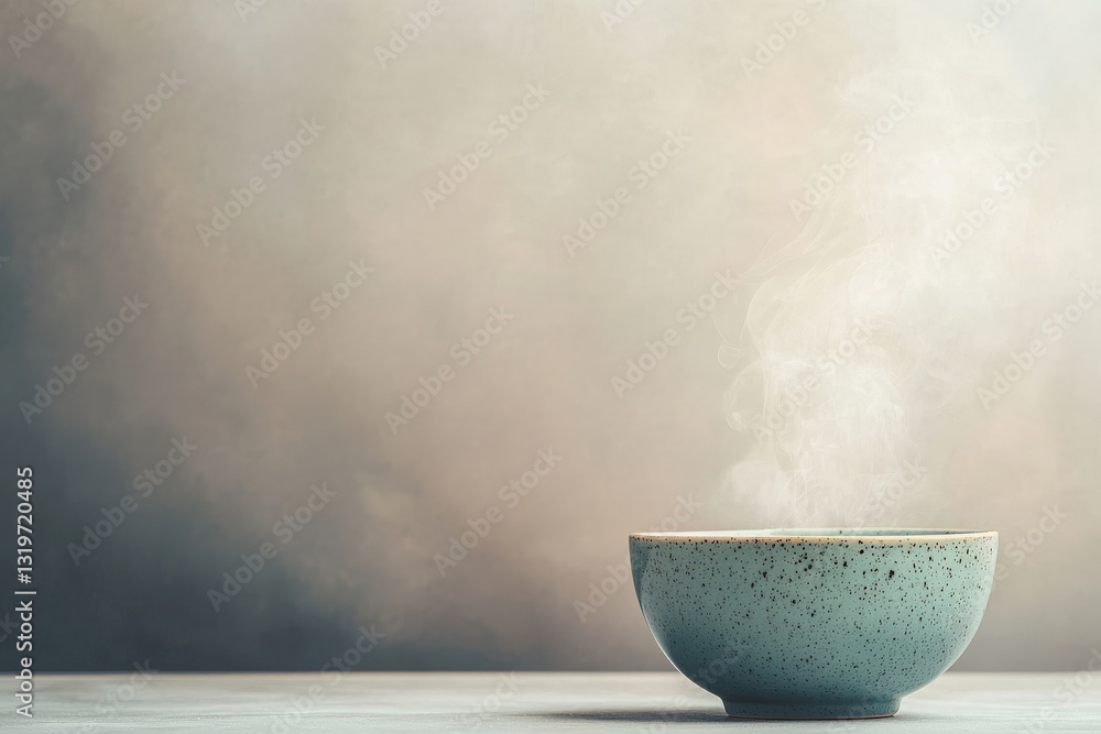 A ceramic bowl sits on a smooth surface, releasing steam as a warm beverage fills it. The background is softly blurred, creating a calm atmosphere perfect for relaxation.