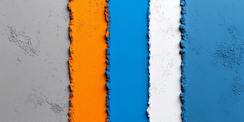 Fototapete - Blue, orange, and white striped wall with a lot of texture. The blue stripe is the most prominent