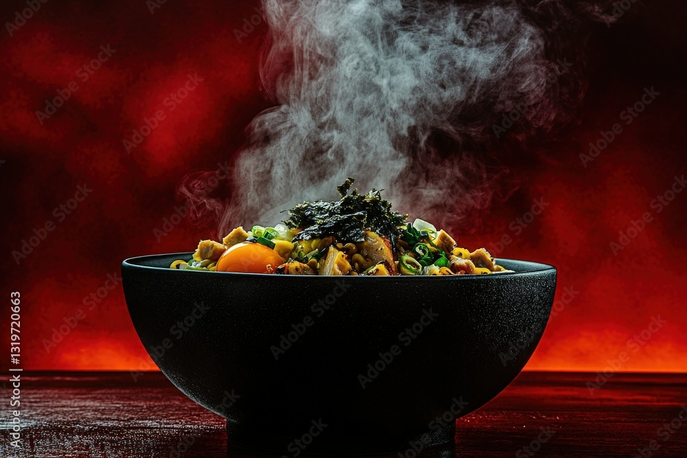 A steaming bowl of noodles is filled with fresh ingredients, including vegetables and an egg yolk. The vibrant colors contrast against a dramatic red backdrop, creating a captivating atmosphere.
