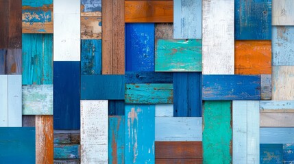 Aufkleber - Colorful collage made of wood pieces, with blue and white pieces scattered throughout. The blue pieces are in the middle of the white pieces, creating a visually interesting