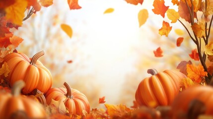 Poster - Celebrate Thanksgiving Day with realistic 3D orange pumpkins and vibrant fall foliage in a warm, inviting autumn setting