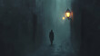 © Thiago - A mysterious figure walks alone in a foggy alley, illuminated by the dim glow of streetlights, evoking a sense of intrigue and solitude. Eerie Glow. Illustration