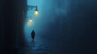 © Thiago - A mysterious figure walks alone in a foggy alley, illuminated by the dim glow of streetlights, evoking a sense of intrigue and solitude. Eerie Glow. Illustration
