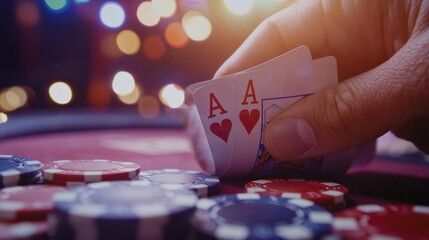 Fototapete - Dramatic close up of a hand revealing a royal flush on a poker table amidst glowing casino lights and scattered chips