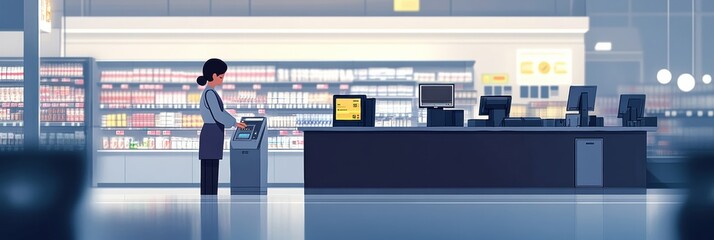 Poster - Smart cashier automates checkout process in modern supermarket with AI technology designed for efficiency and convenience