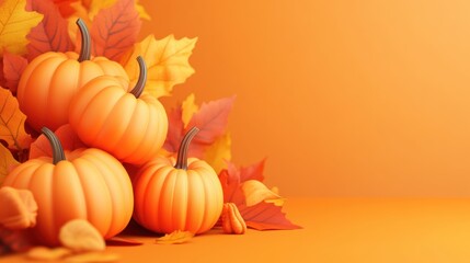 Poster - Celebrate Thanksgiving Day with a vibrant banner showcasing realistic 3D pumpkins and colorful fall foliage