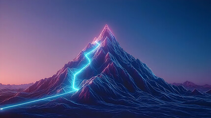 Abstract Digital Mountain With Glowing Blue Path Against Purple And Blue Gradient Sky Illustrating Technology And Data