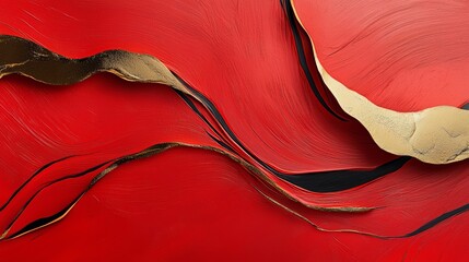 Poster - Red and gold painting with a gold line that is in the middle of the painting. The painting is abstract and has a lot of gold and red colors