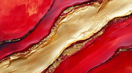 Poster - Painting with a red background and a gold stripe running through it. The gold stripe is on the right side of the painting. The painting has a warm and inviting mood, with the red