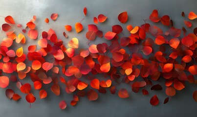 Wall Mural - Artistic arrangement of vibrant red and orange autumn leaves scattered on a textured gray background illuminated by soft natural light