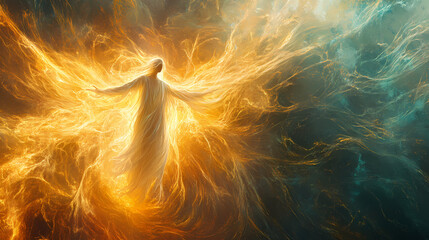 Wall Mural - an abstract depiction of a spirit leaving the body, with flowing, translucent forms and gentle, radi