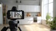 © Johannes - Camera viewfinder showing an interior photography shot of a modern kitchen, highlighting the process of professional real estate and home staging photography