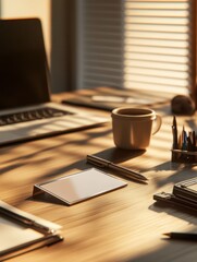 Poster - Warm office setup showcasing a work badge and accessories on a wooden desk in natural light, perfect for productivity and organization