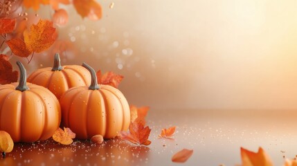 Poster - Vibrant Thanksgiving Day banner featuring realistic 3D pumpkins and colorful fall leaves for festive celebrations