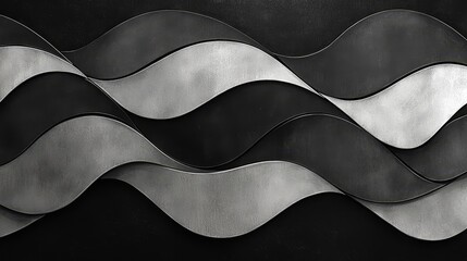 Poster - The image is a black and white photo of a wave with silver and black colors. The wave is very long and has a very smooth texture. The photo has a very calming and serene mood