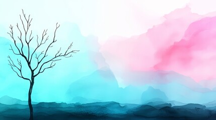 Poster - Tree is the only thing visible in the image. The sky is a mix of blue and pink, and the background is a mix of blue and pink as well