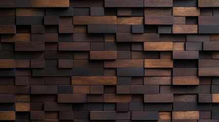 Fototapete - Wall made of wooden blocks with a brown color. The blocks are arranged in a way that creates a textured and rustic appearance
