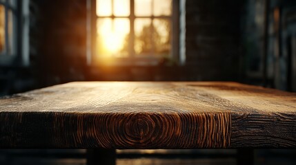 Aufkleber - Wooden table with a sun shining through a window. The sun is casting a warm glow on the table
