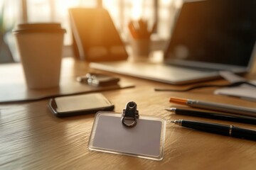 Poster - Work badge on a wooden desk surrounded by office accessories in warm ambient light during the day