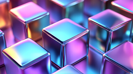 Wall Mural - arrangement of shimmering iridescent geometric cubes in metallic hues creating a modern abstract and