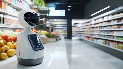 Poster - Smart cashier streamlines shopping experience in automated supermarket checkout area during busy daytime hours