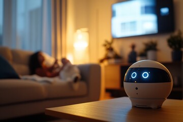 Leinwandbilder - Smart speaker assists family members while enhancing home atmosphere in cozy evening setting