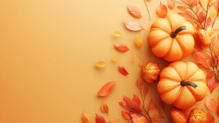 Poster - Thanksgiving Day banner with realistic 3D pumpkins and fall foliage for festive decor