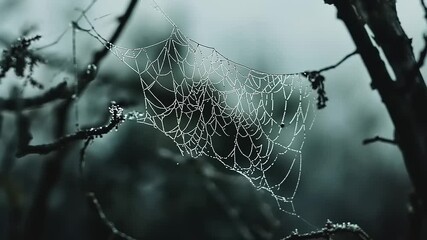 Intricate spider web glistening with dew drops, suspended between bare branches in a misty forest