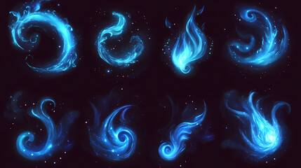 Wall Mural - Mystical sapphire blue light effect vector set with swirls and stardust on dark burgundy background. Sapphire Shimmer. Illustration